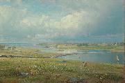 William Trost Richards, Mackerel Cove, Jamestown, Rhode Island, oil on canvas painting by William Trost Richards, laid down on masonite